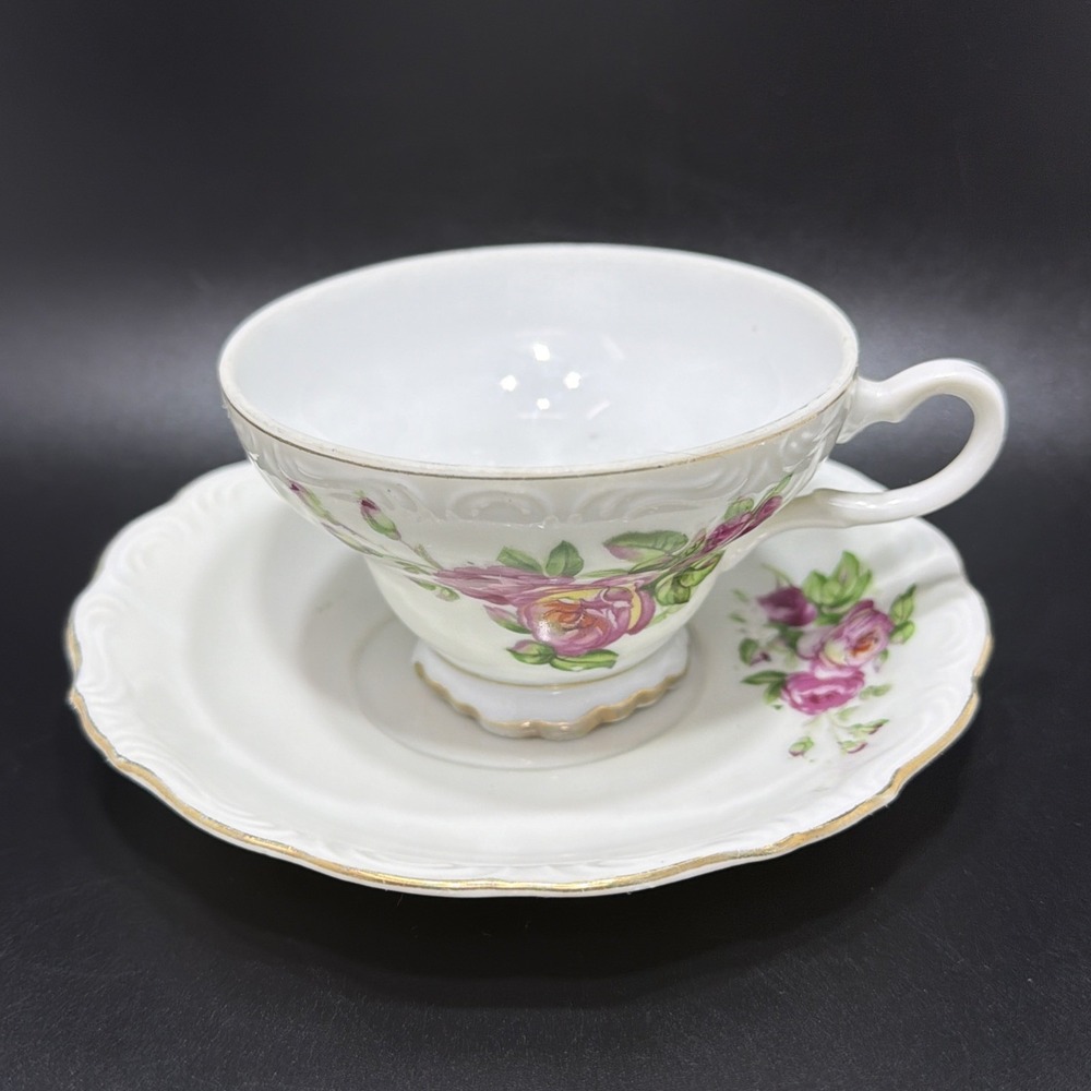 Vintage Teacup Saucer Red Purple ROSE Floral Design Gold Trim Bone China Japan